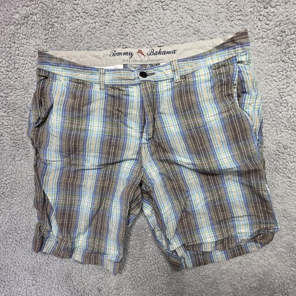 Tommy Bahama Other - Tommy Bahama Shorts Mens Size 38 X 10 Blue Plaid Linen Casual Flat Front Chino